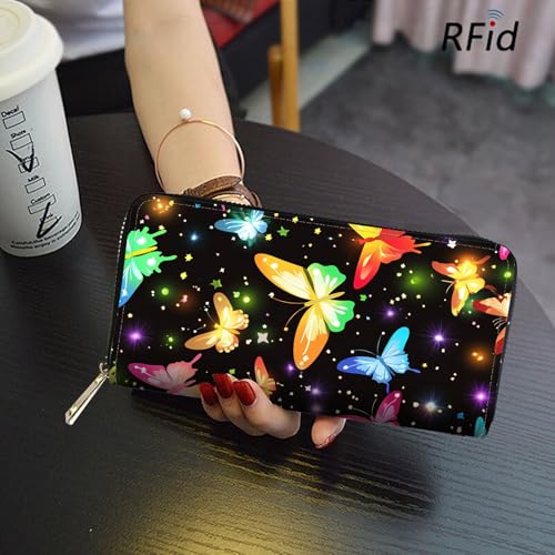 Image of RFID Blocking Leather Wallet for Women - Large Capacity Zip Around Clutch with 8 Card Slots,17 Cash Pockets & Coin Zipper,Colorful Butterfly