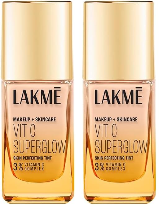 Image of LAKME Makeup+Skincare, VitC Superglow Skin Perfecting Tint, Cool Ivory C100, 25ml, for Hydrated Smoother Skin, with 3% Active Vitamin C & Micro Radiance Boosters, Natural Finish, Airlight Formula