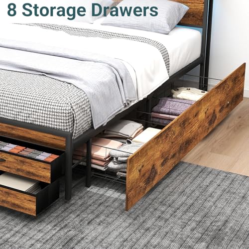 Queen Bed Frame with 8 Storage Drawers, Queen Metal Bed Frame with LED Light and Charging Station, Heavy Duty Metal Slats, No Box Spring Needed, Rustic Brown - Image 8