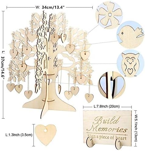 NUPTIO Unique Wedding Guest Book Alternative, Rustic Guest Registry with 50pcs Wooden Hearts, Wood Tree Frame Drop Box Guest Books with Stand