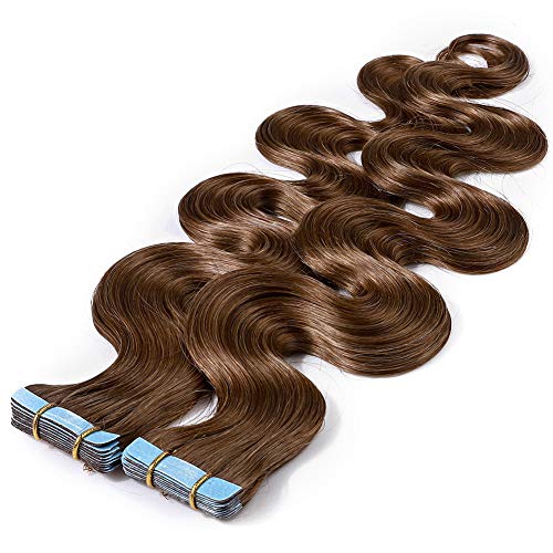 Wavy Tape in Hair Extensions 100% Human Hair Body Wave 18 inch Light Brown Long Soft Remy Hair Skin Weft Seamless Invisible Double Side Tape 20pcs/50g #6