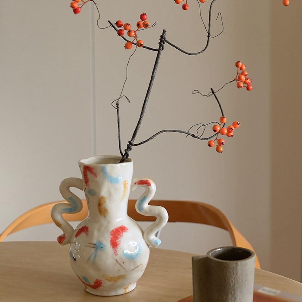 Jarrón de cerámica Jarrón de cerámica Doble Oreja Pintado a Mano, decoración del hogar, florero for arreglos Florales Artificiales Frescos Florero