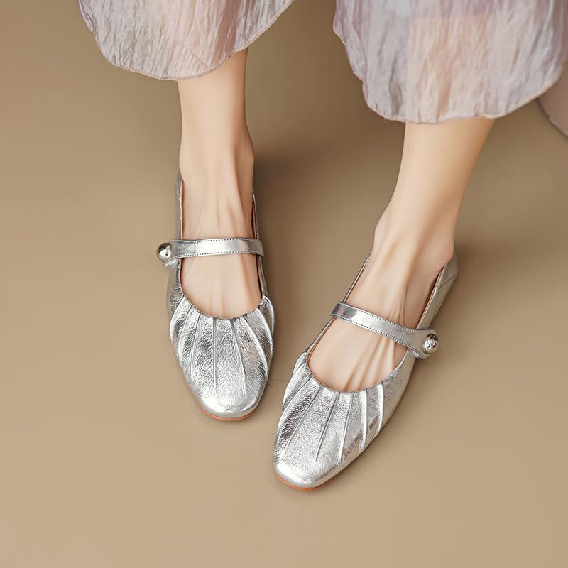 Womens Genuine Leather Mary Jane Shoes, Closed Round Toe Low Heel Flats with Buckle Straps Work Casual Dressy Slip On Shoes3