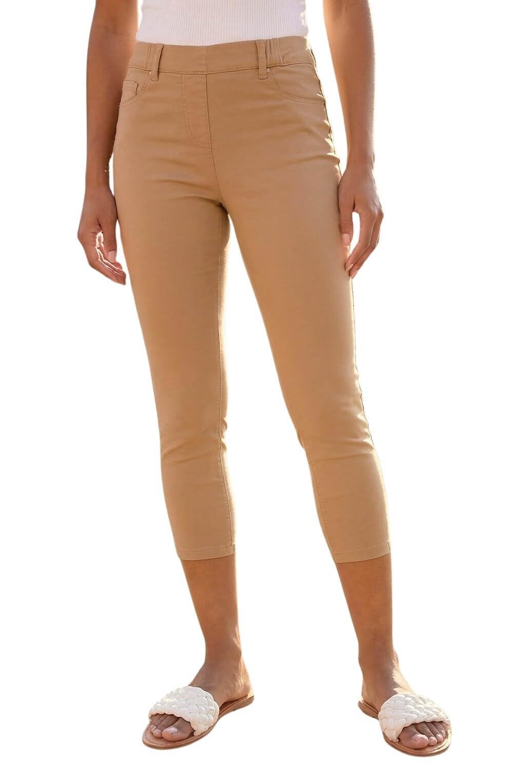 Roman Originals Women's Mocha Roman Cropped Jeggings For Uk Capri Stretchy Jeans Denim Legging Cotton Summer Trouser Three Quarter 3/4 Length Pull On Cut Off High Waist Smart - Size 16