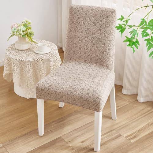 Image of HOMETHREADS Elastic Jacquard Chair Cover Stretch Removable Washable Short Dining Chair Cover Protector Seat Slipcover (D.Khaki, Pack of 2)