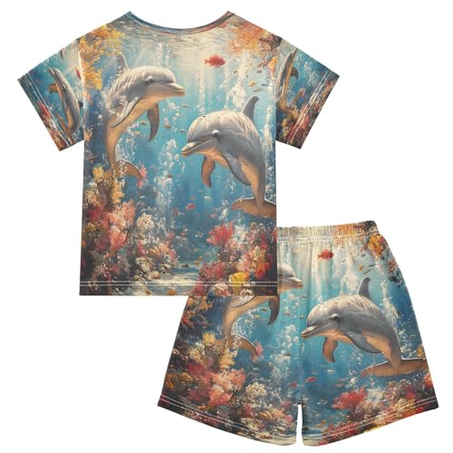 ALAZA Dolphin Beautiful Coral Reef Pajamas Set Short Sleeve Cotton Sleepwear Summer Pjs 2 Piece 5-14Y2