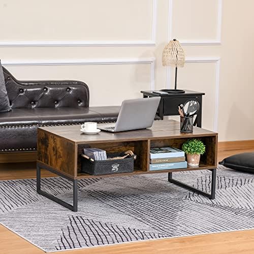 HOMCOM Extendable Coffee Table Lift Top Desk w/Hidden Storage Compartment Drawer Metal Frame - Brown