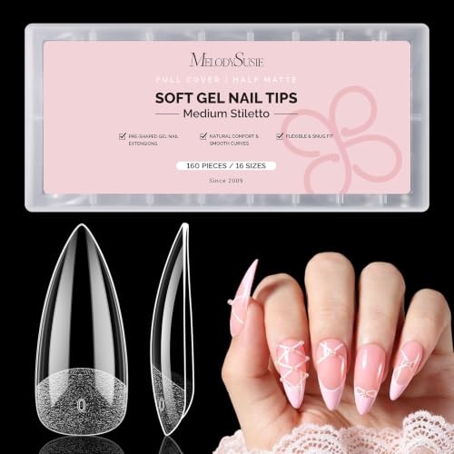 Image of MelodySusie Medium Stiletto X Nail Tips - 16 Sizes 160 Pcs | Pre-Shaped Soft Gel,Half Matte Full Cover Clear Acrylic Press on Nails for DIY Extension&Salon,Long-Lasting Manicure