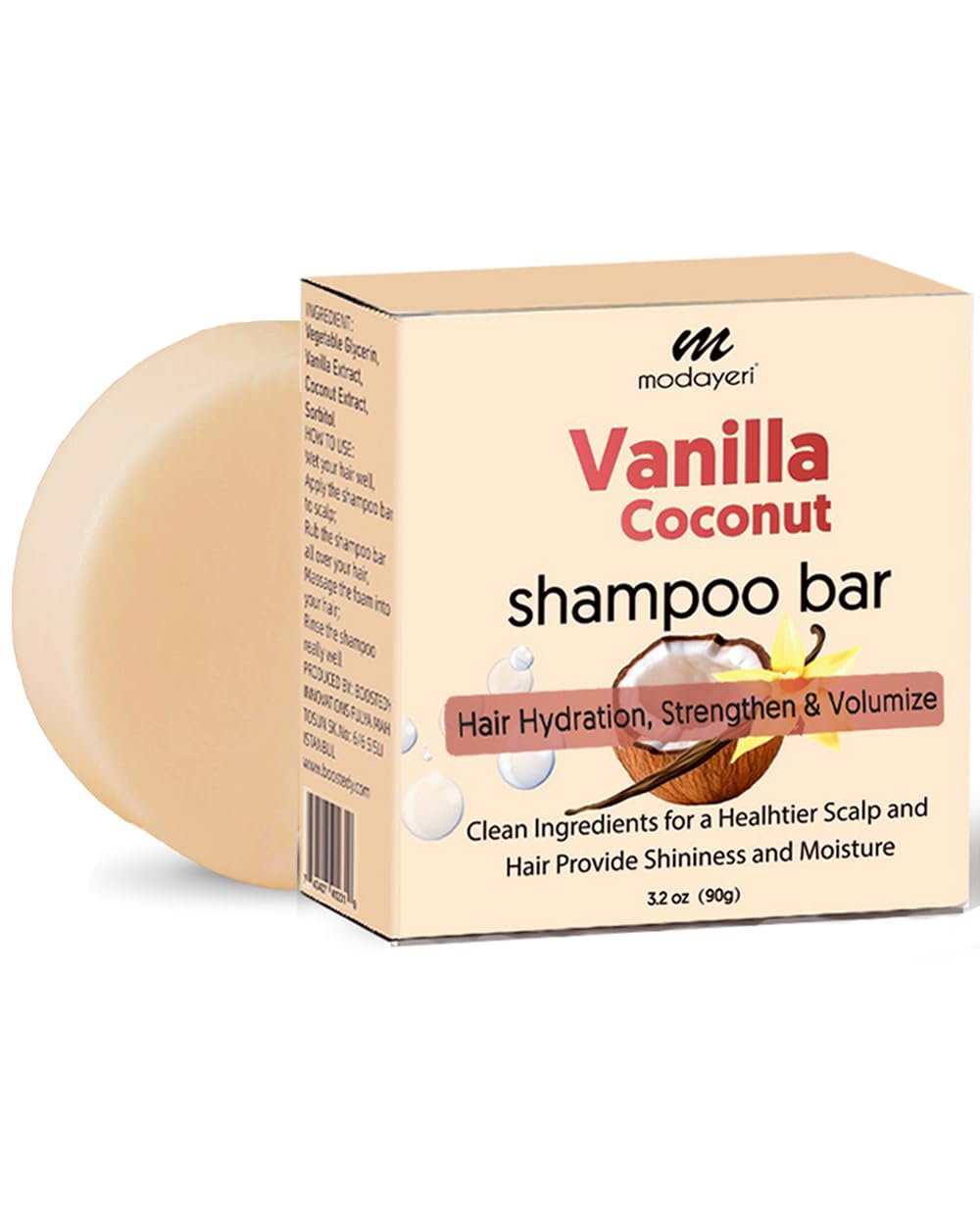 Vanilla Coconut Shampoo Bar - Natural Hair Care, Silky Smoothness and Nourishment, Strengthen Hair & Volumize - Paraben-Free - Tropical Aroma for All Hair Types, 3.2 oz