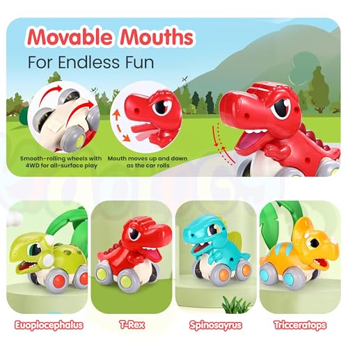 Image of Kidology Red Dinosaur Toy Car, Friction Powered, Pull Back, Push & Go, Montessori Educational Toy for Boys & Girls, Birthday Gift for Kids