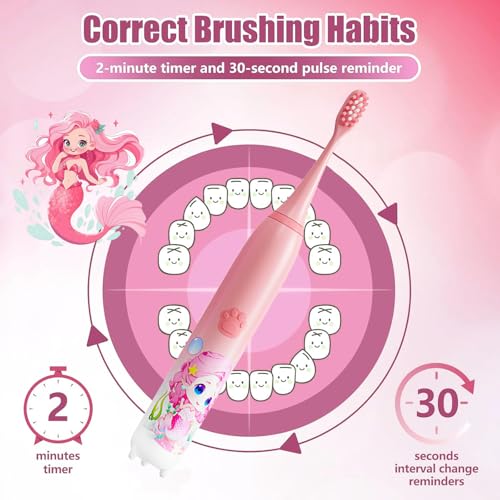 Image of Obvie Sonic Electric Kids Toothbrush with 5 Brushing Modes, IPX7 Waterproof, Soft Nylon Bristles, Rechargeable Battery last up to 30 Days, Type-C Electric Power Tooth Brush, 3 Heads (Pink)