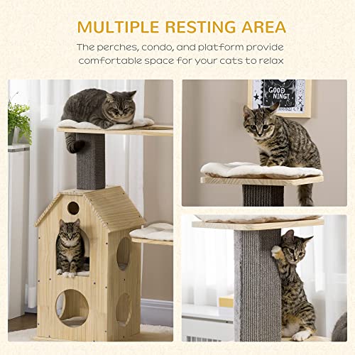 Pawhut 53" Modern Cat Tree With Scratching Posts & Wheel, With Double-Layer Cushioned House, Small Cat Tower For Indoor Cat Furniture, Climbing Wooden Cat Tree #TOP5