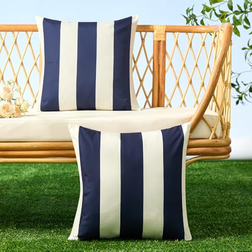 Image of Allorry Outdoor Pillow Covers 16x16 Set of 2 Navy Blue Striped Decoration Throw Pillow Covers for Spring Summer Outdoor Waterproof Garden Patio Furniture Sofa Bed Home Decor JB007-D16