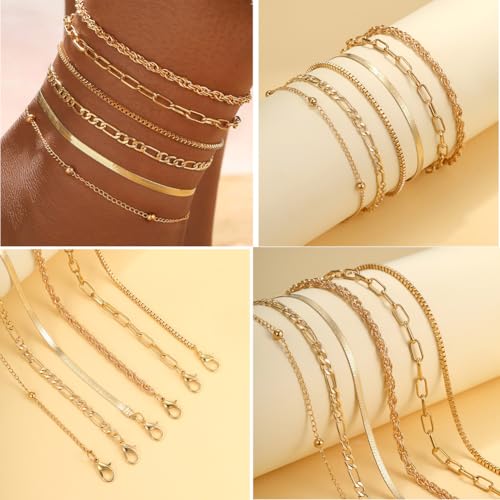 Image of 17Pcs Boho Gold Chain Ankle Set For Women 14K Gold Plated Multiple Bohemian Chain Beach Anklet Bracelet Jewelry Set Friendship Gift (ANKLET 1880GD)