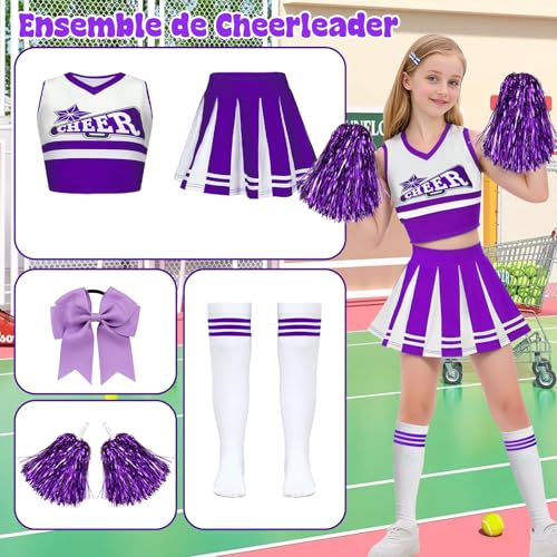 Luckyou Cheerleader Kinder Kostüm Mädchen Cheerleader mit Pompom Socken Karneval Kostüm Kinder für Halloween Sportfest-Purple-120