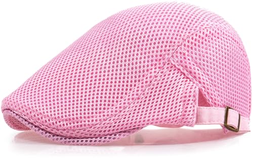 Xinveen Men's Mesh Cap Breathable Summer Newsboy Hat Adjustable Beret Ivy Cap Irish Cabbie Driving Hunting Hats Pink