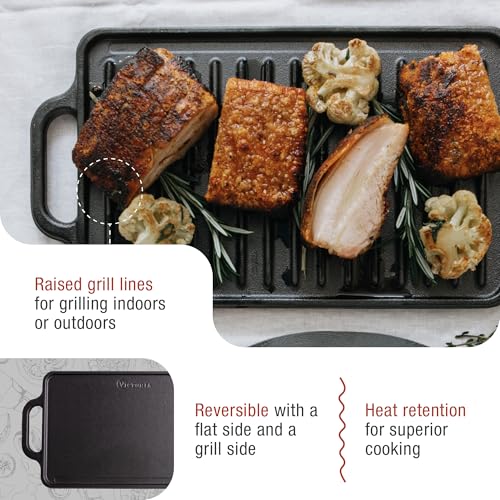 Image of Victoria Rectangular Cast Iron Griddle. Double Burner Griddle, Reversible Grill, 13 x 8.5 Inch, Seasoned with 100% Kosher Certified Non-GMO Flaxseed Oil, Model: GDL-189