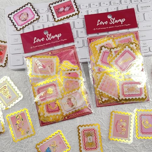 Image of 50 PCS Cartoon love stamps Stickers Aesthetic PET Stickers Gold Stamp Decal Waterproof Decorative Decals for Scrapbook DIY Crafts Album Bullet Journal Planner Water Bottles Laptop Phone (Gold stamp-B)