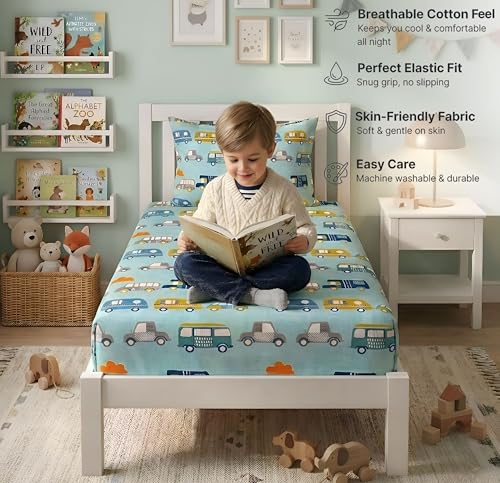 Image of VAS COLLECTIONS Single Bed Fitted Bedsheet 36x72+8 Inches with 1 Pillow Cover | 180 TC Microfiber Elastic Bed Sheet | Soft Breathable Cute Printed Design for Kids & Couples (Kid Bus Print)