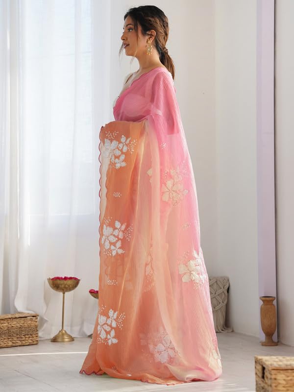 Image of Women's Orange-Yellow Ombre Saree with Floral Embroidery | Lightweight & Festive Saree | Elegant Ethnic Wear for Women