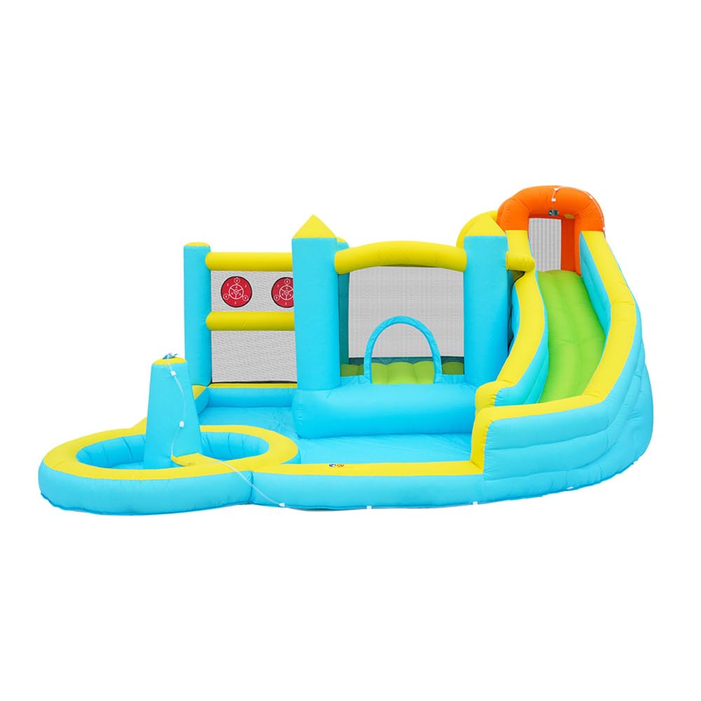 Hüpfburg, Parco acquatico con acquascivolo e piscina, gonfiabile, per giardino all'aperto, parco giochi acquatici con ventilatore, grande giocattolo gonfiabile per bambini (430 x 390 x 210 cm)