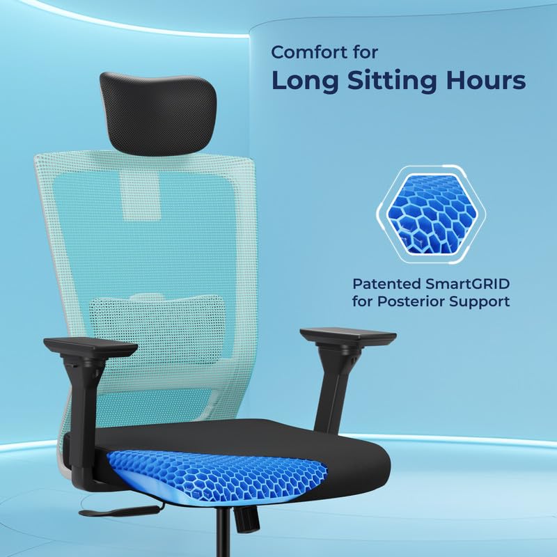 Image of The Sleep Company Stylux Premium Ergonomic Office Chair | Patented SmartGRID seat | SpinePro Lumbar Support | Work, Home, Study | Adjustable Headrest & 4D Armrests | Free Installation| Blue