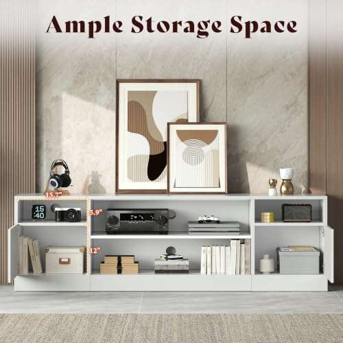 Image of AMERLIFE 70 inch LED TV Stand for TVs up to 80 inch, Modern Entertainment Center with Storage Cabinets & Open Shelves, High-Gloss TV Console for Living Room, Bedroom, White