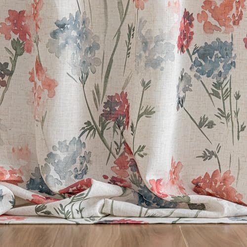 Image of MYSKY HOME Floor to Ceiling Linen Floral Curtains 102 Inch Length 2 Panels Semi Sheer Light Filtering Farmhouse Flower Printed Window Grommet Drapes for Dining Room, 52 inch W Each Panel, Red