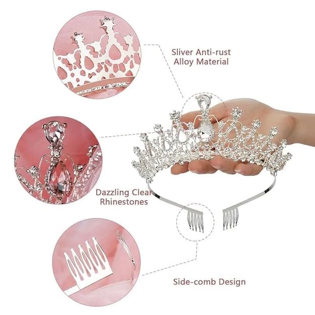 Image of Crystal Tiara Crown for Women, Silver Rhinestone Headband with Comb, Queen Princess Wedding Bridal Birthday Hair Accessory