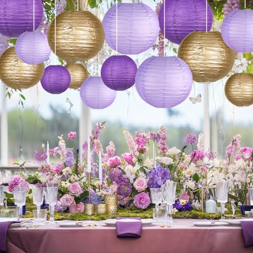Image of 15-Pack Purple Gold Paper Lanterns, Rapunzel Birthday Decorations | 6, 8 & 10-Inch Round Hanging Set with Wire Frames for Baby Showers, Weddings, Graduations, Mermaid Themes & Ceiling Displays