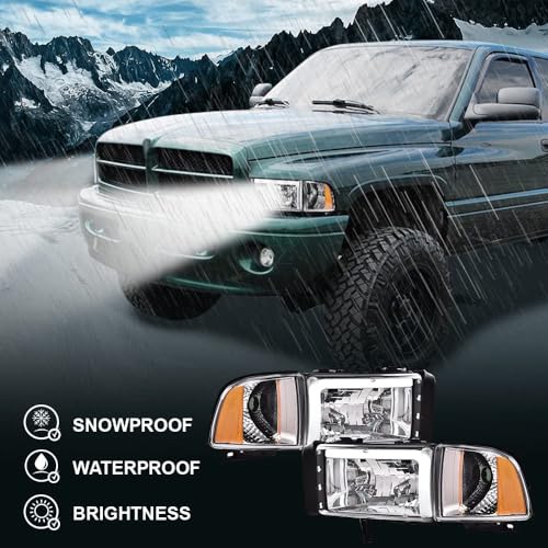 Image of GRAND ORANGE LED DRL Headlights Assembly, Compatible with Dodge Ram 1500 2500 3500 1994-2002 Headlamps Clear lens Black Housing Clear Corner Headlamps
