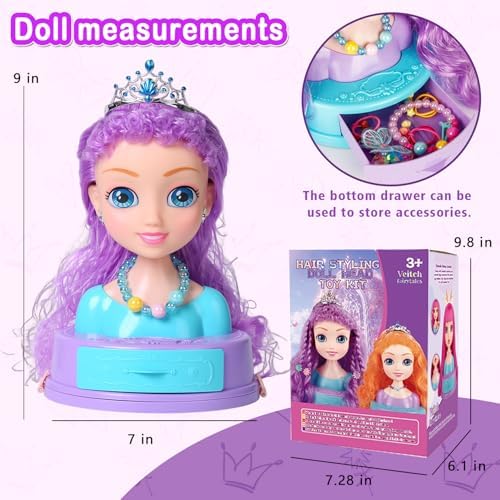 Kryonixty 4-in-1 Doll Head for Hair Styling Kids-9Inch,Hair Salon Toys Makeup Kit Princess Accessories Pretend Play Toys Birthday Gifts for 3-8 Year Old Girls
