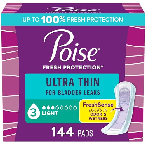 Image of Poise Ultra Thin Incontinence Pads & Postpartum Pads for Bladder Leaks, 3 Drop Light Absorbency, Regular Length, 144 Count, Packaging May Vary