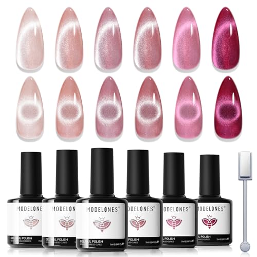 modelones Cat Eye Gel Nail Polish 6 Colors Nude Glitter Red Pink Purple Gel Polish Set with Magnet Sparkle Galaxy Series Nail Gel Polish Kit Soak Off Led Nail Art Manicure Salon DIY Gifts