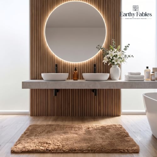Image of Earthy Fables Plush Microfiber Bath Mat, Quick Dry, Anti-Skid, Water Absorbent, Non-Slip, Machine Washable Floor Rug, Shower Mat, Door Mat for Bathroom, Bedroom, 60 x 40 cm - Beige