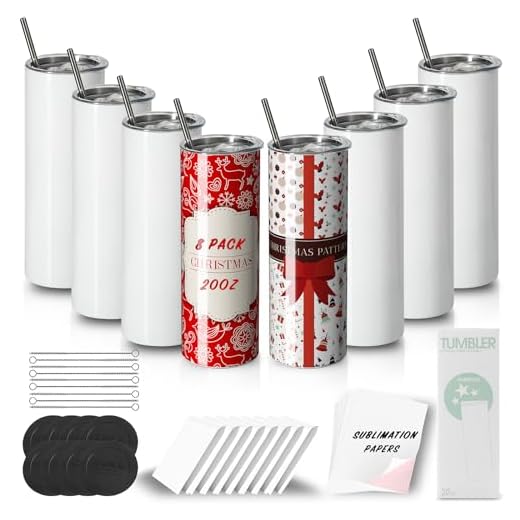 MURRICON Sublimation Tumblers 20 oz Skinny Straight,Stainless Steel Sublimation Blanks Skinny Tumbler,Double Wall Vacuum Insulated Sublimation Tumblers,with lid and straw,8 Pack