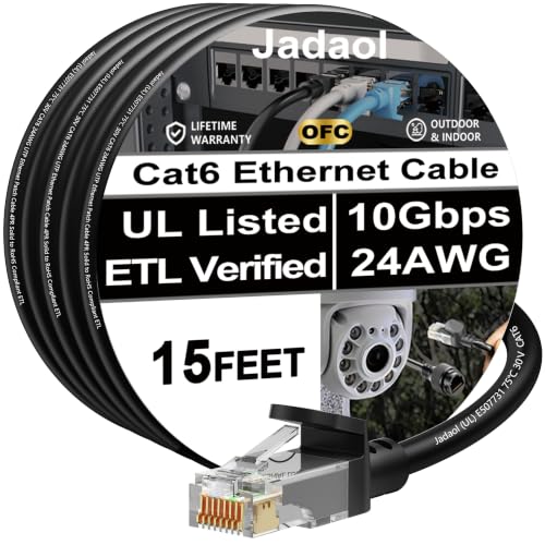 Jadaol [UL Listed] Snagless Cat6 Ethernet Cable 15 ft 10Gbps, PoE++, Black