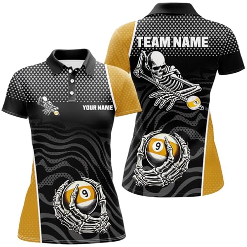 9 Ball Skeleton Custom Billiard Polo & 1/4 Zip Shirts for Men & Women Funny 9 Ball Pool Billiard Jerseys Performance Unisex Quick-Drying Shirt T2945 Red3