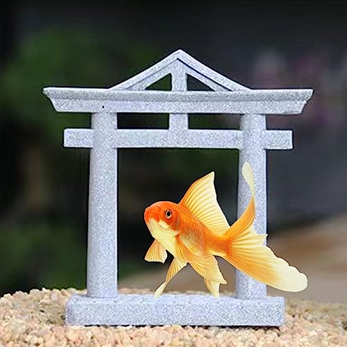 Image of livelyfish Japanese Fish Tank Decorations Asian Aquarium Decor Torii Gate Ornament Japanese Shrine Oriental Pagoda Aquarium Sandstone Bridge Statues Betta Fish Decorations for Tank, L2