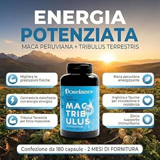 Maca Peruviana Nuova Formula Potenziata con Tribulus + Taurina + Arginina + Zinco, 180 Capsule per Fornitura 2 Mesi - Energia e Resistenza, Supporto Ormonale e Sistema Immunitario