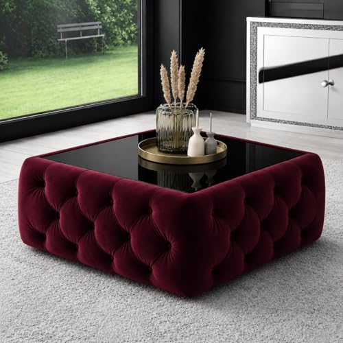 Image of Premium Tufted Upholstered Coffee Table with Mica Top - Modern Square Ottoman Center Table, Soft Velvet Finish, Luxury Living Room Furniture - 30 x 30 x 18 Inch (Maroon)