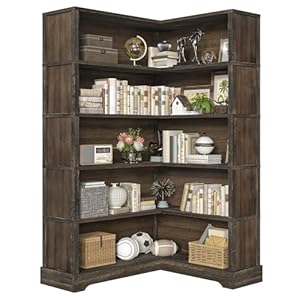 TVU Wood Corner Bookcase, 5 Tier 65 Inch Tall Bookshelf with Storage, Floor Standing Display Book Shelf for Living Room, Kitchen, Home Office (Rustic Brown)