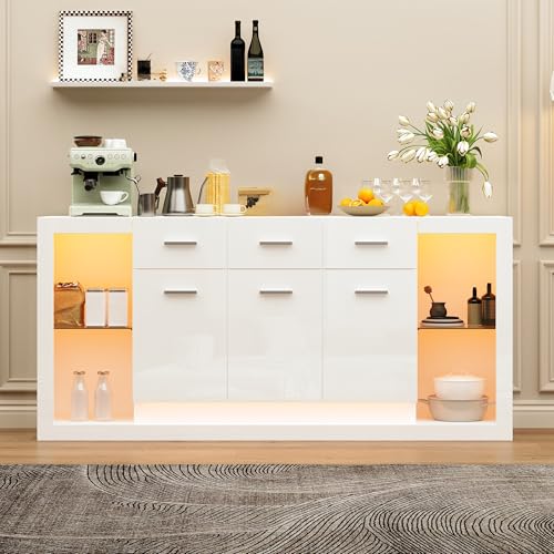 Fppuueg Aparador Moderno con Iluminación LED y Almacenaje, Aparadores para Salon Moderno con 3 Cajones, Mueble Auxiliar con Estante de Cristal, Buffet Comedor, Alto Brillo, 160x40x75 cm, Blanco