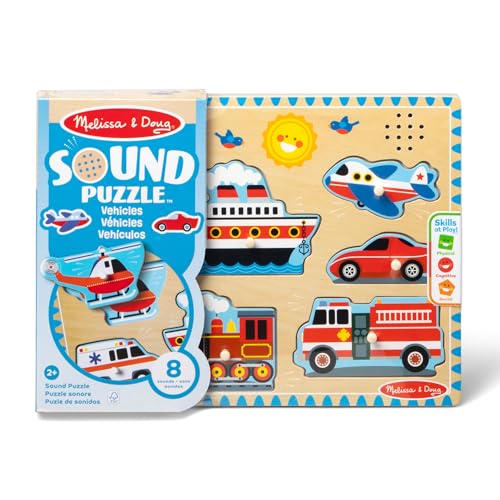 Image of Melissa & Doug Vehicles Sound Puzzle - Wooden Peg Puzzle With Light-Activated Sound Effects (8 pcs) Puzzles for Toddlers, Wooden Puzzles For Kids Ages 2+