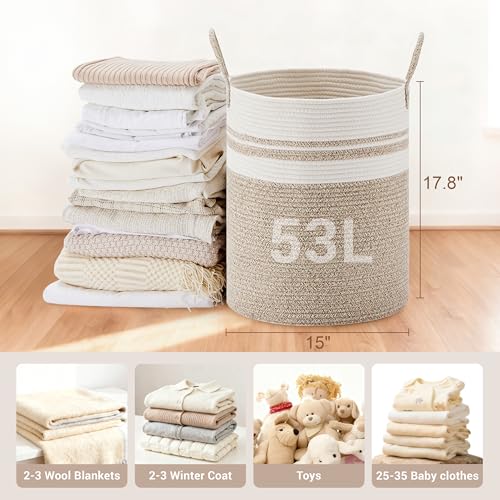 Image of 53L Tall Cotton Rope Laundry Basket with Handles, White & Brown