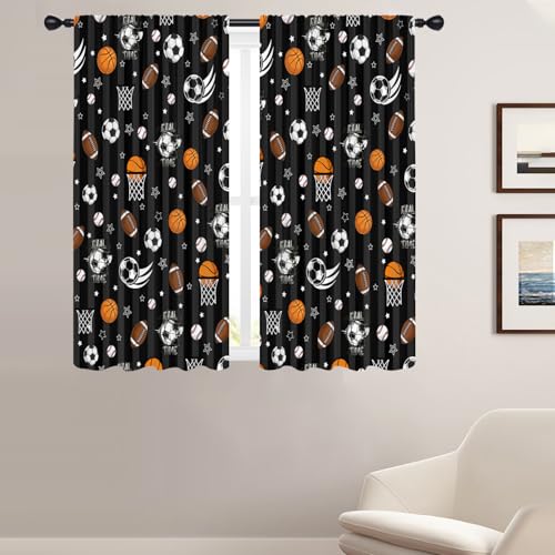 Coxila Kids Boys Window Curtains for Bedroom 42 x 63 Inch Rod Pocket Sports Football Basketball Baseball Soccer Cartoon Ball Black Gamer Home Teen Living Room Treatment Set of 2 Curtain Panels Drapes