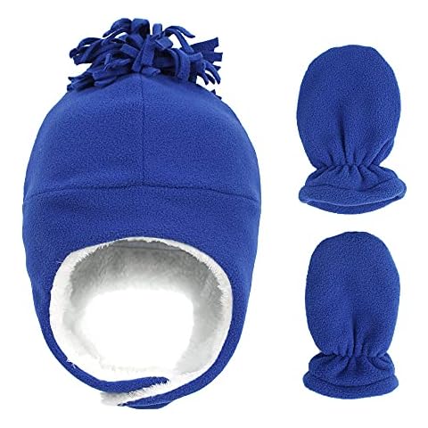 Newborn Baby Hat Mittens Set Kids Infant Toddler Baby Boys Girls Fleece Lined Earflap Hat Tassels Pompom Bomber Hat Cover