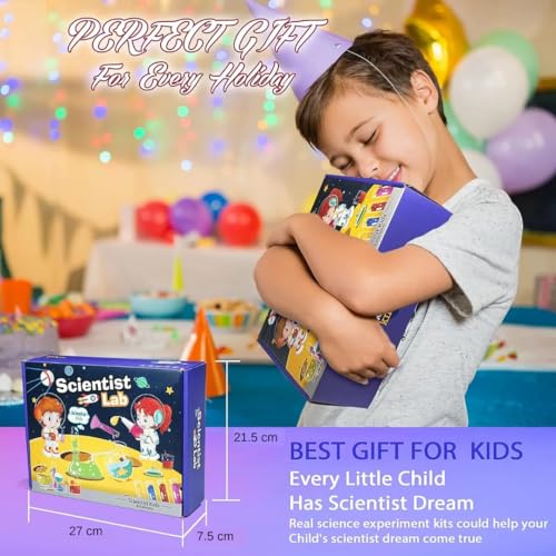 Child happily hugging the Why2Wise science kit gift box