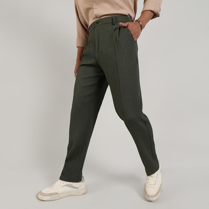 Image of CAHOOT Men's Forest Green Textured Graph Check Trousers for Casual Wear | Tailored Fit | Mid-Rise | Button Closure | Trousers Crafted with Comfort Fit for Everyday Wear