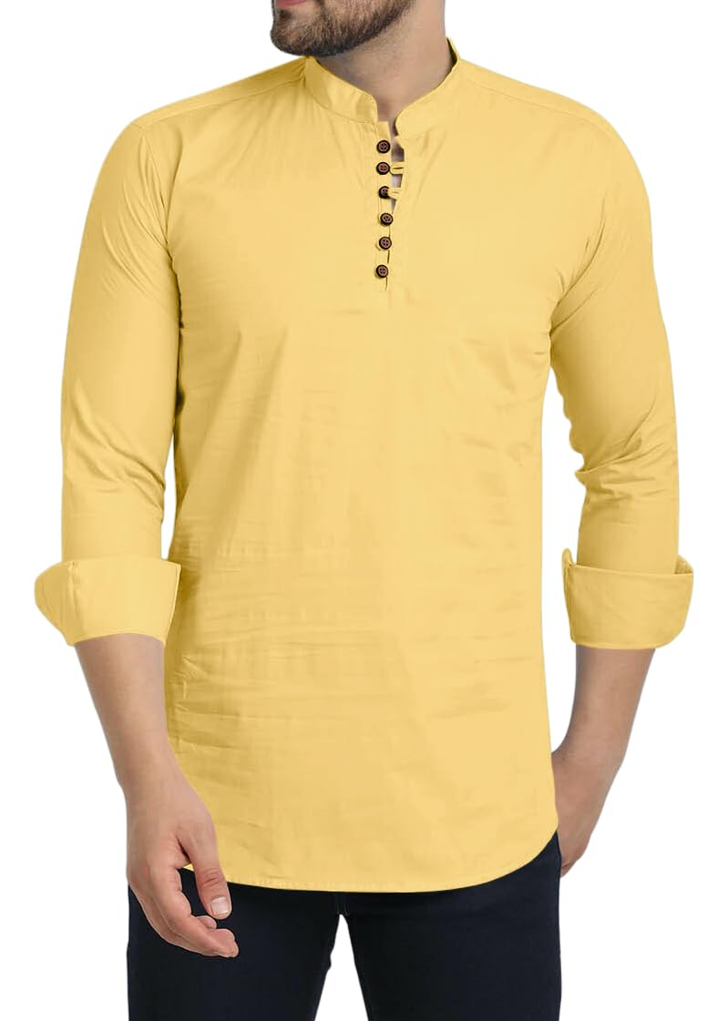 Royalscout Men's Cotton Blend Full Sleeve Short Kurta With Mandarin Collar Yellow